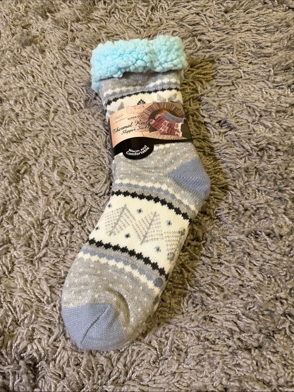 Cozy Thermal Knit Women's Slipper Socks - Light Blue & Gray